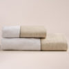 Coppia asciugamani bagno spugna bianca e bordo lino sabbia