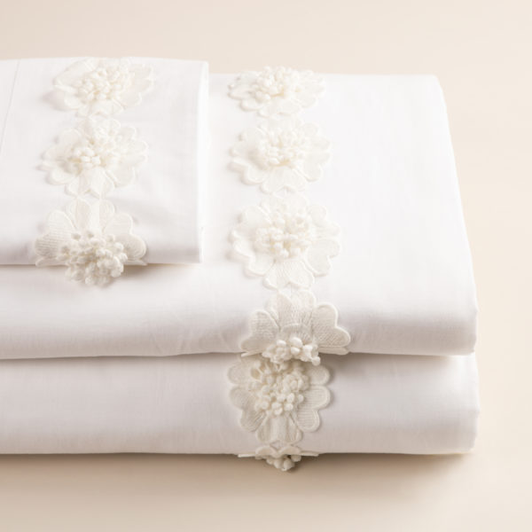 Parure lenzuola morbido cotone effetto lino con fiori di macramè