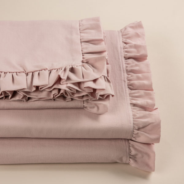 Completo lenzuola morbido cotone rosa rifinito con volant su sopra e federe